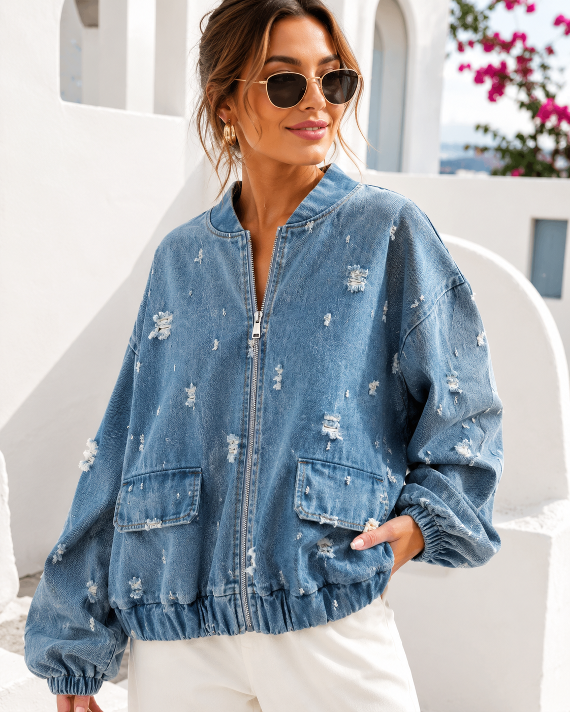 Trend Jeansjacke mit Cut-Outs & Reißverschluss – Oversize Denim Jacke